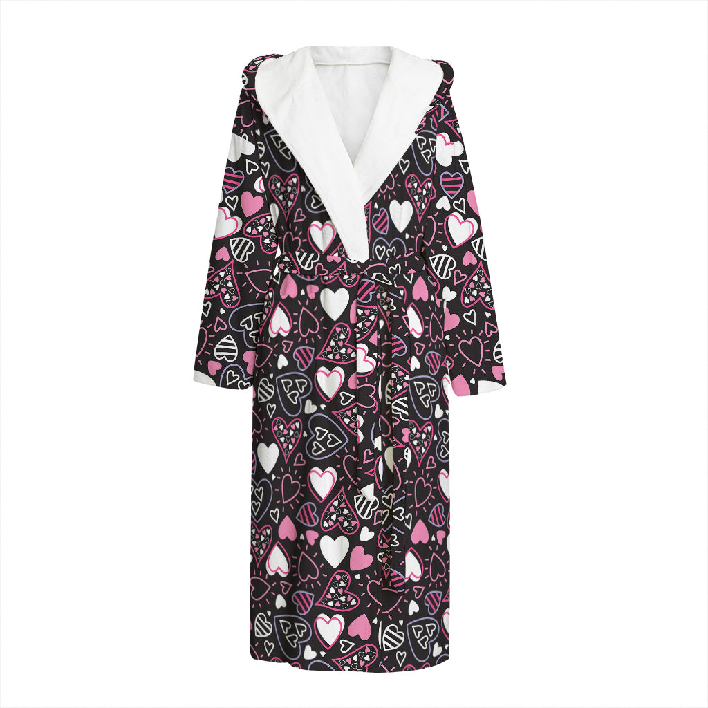 Cute Girly Heart Pattern Print Hooded Bathrobe