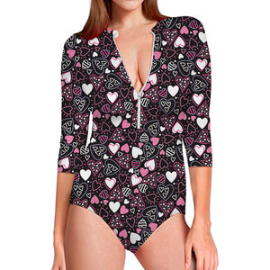 Cute Girly Heart Pattern Print Long Sleeve Swimsuit