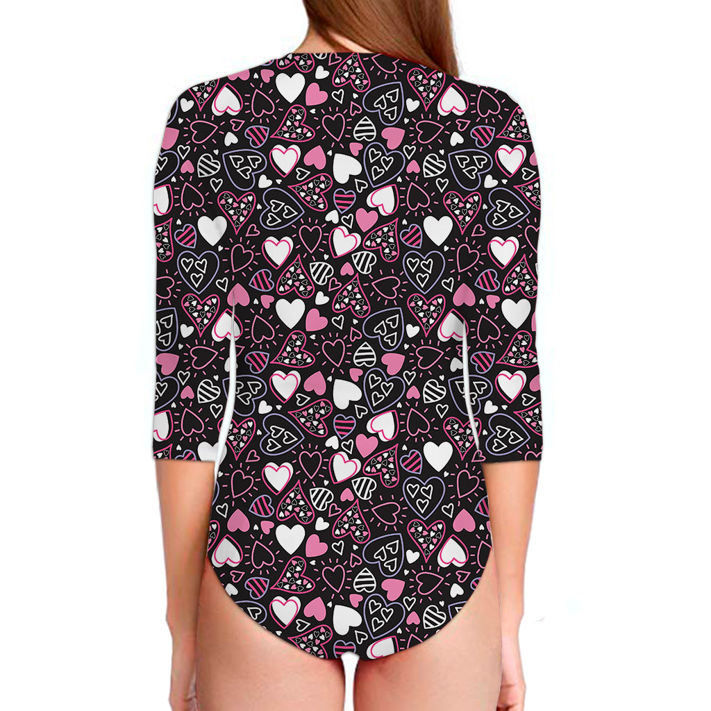 Cute Girly Heart Pattern Print Long Sleeve Swimsuit