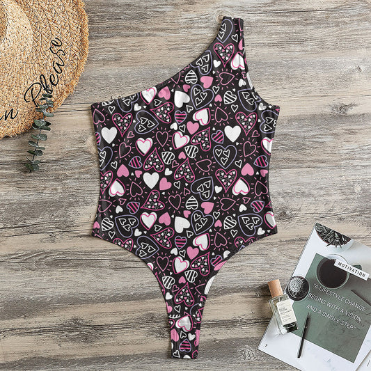 Cute Girly Heart Pattern Print One Shoulder Bodysuit