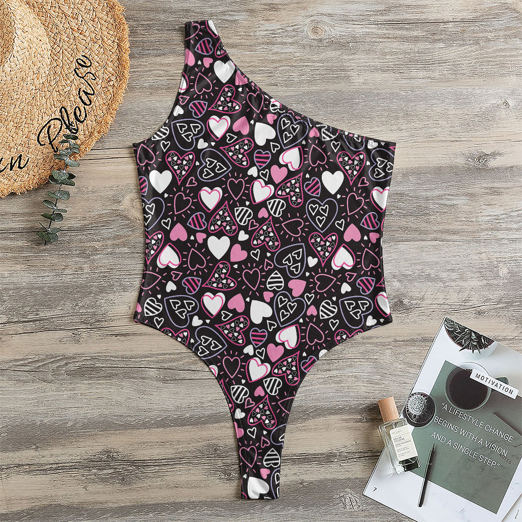 Cute Girly Heart Pattern Print One Shoulder Bodysuit