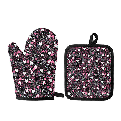 Cute Girly Heart Pattern Print Oven Mitt And Pot Holder Set