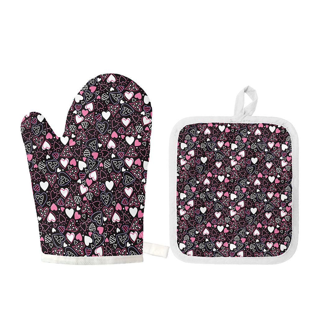 Cute Girly Heart Pattern Print Oven Mitt And Pot Holder Set