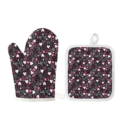 Cute Girly Heart Pattern Print Oven Mitt And Pot Holder Set