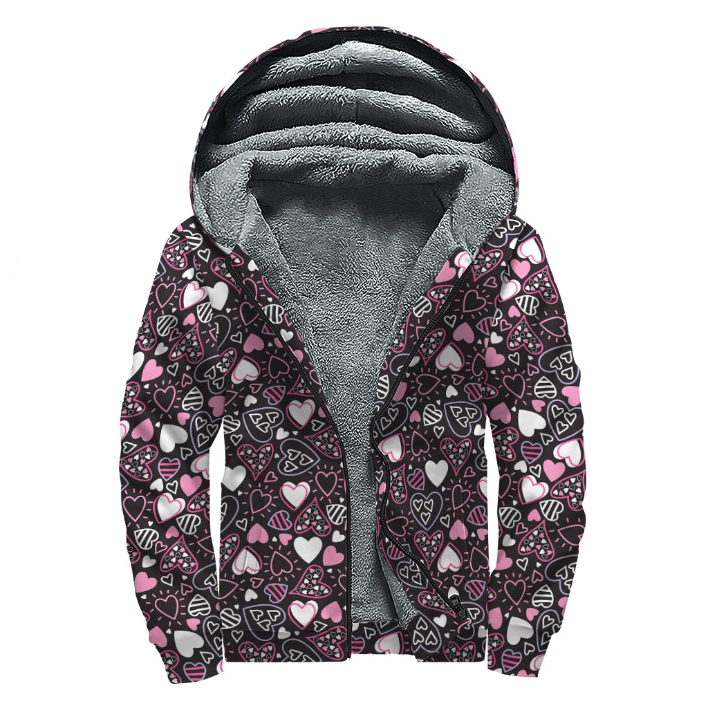 Cute Girly Heart Pattern Print Sherpa Lined Zip Up Hoodie