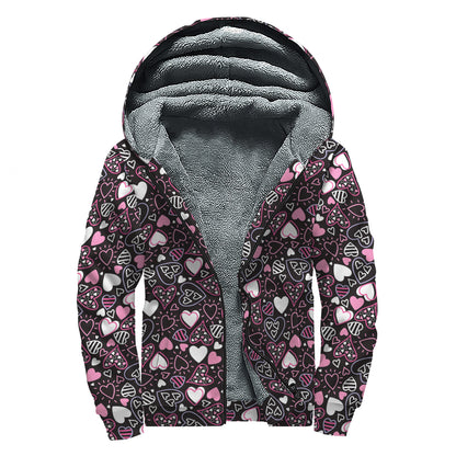 Cute Girly Heart Pattern Print Sherpa Lined Zip Up Hoodie