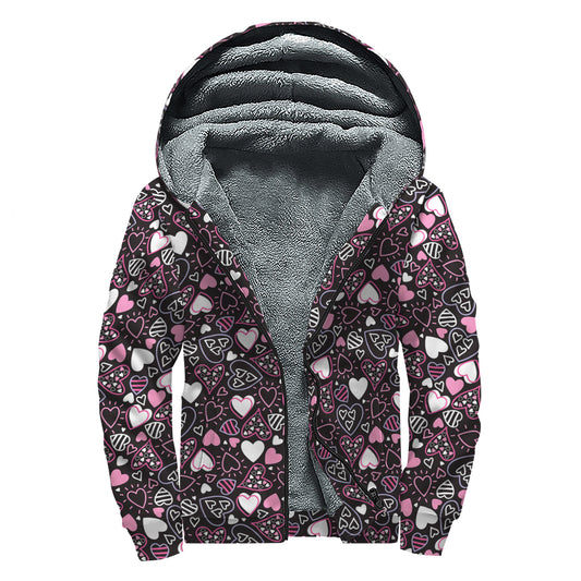 Cute Girly Heart Pattern Print Sherpa Lined Zip Up Hoodie