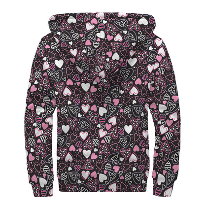 Cute Girly Heart Pattern Print Sherpa Lined Zip Up Hoodie