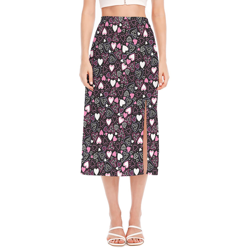 Cute Girly Heart Pattern Print Side Slit Midi Skirt