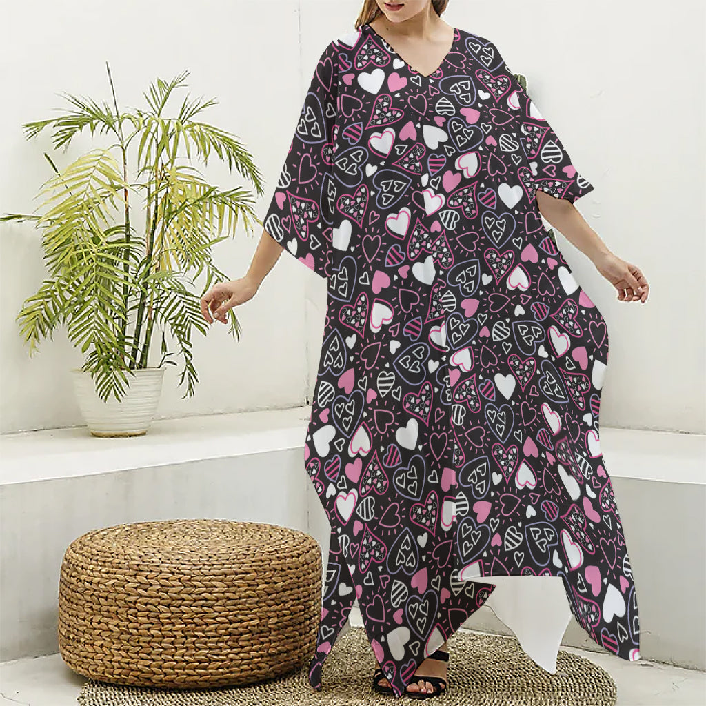 Cute Girly Heart Pattern Print Silk V-Neck Kaftan Dress