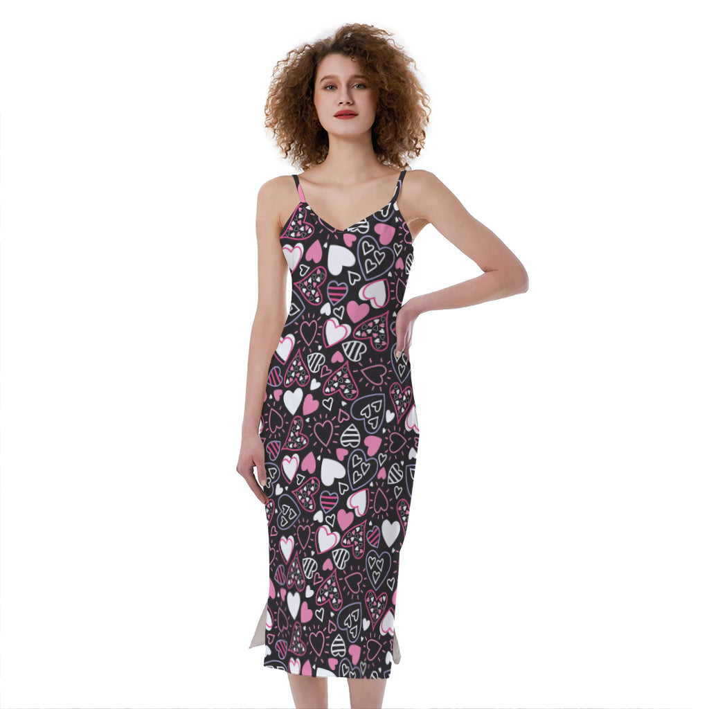 Cute Girly Heart Pattern Print Slim Fit Midi Cami Dress