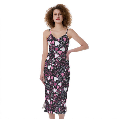 Cute Girly Heart Pattern Print Slim Fit Midi Cami Dress