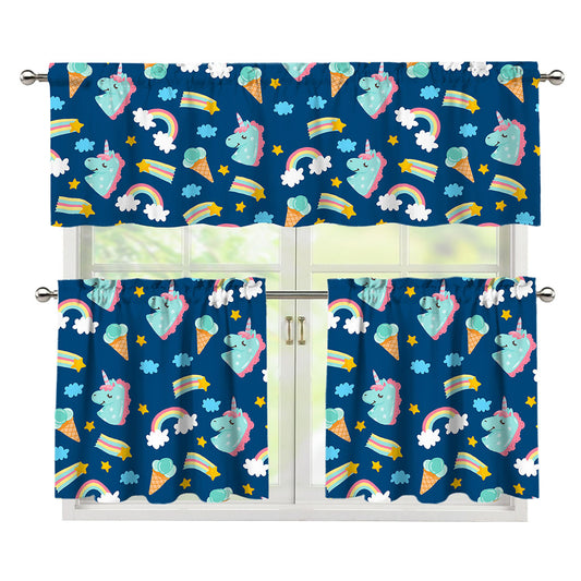 Cute Girly Unicorn Pattern Print 3 Piece Kitchen Curtains