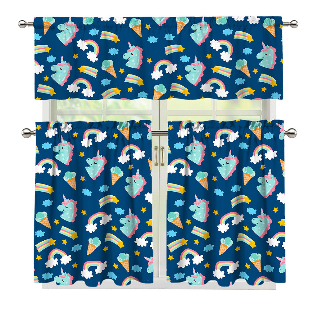 Cute Girly Unicorn Pattern Print 3 Piece Kitchen Curtains
