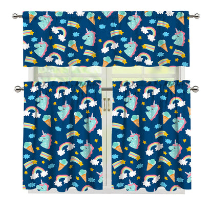 Cute Girly Unicorn Pattern Print 3 Piece Kitchen Curtains