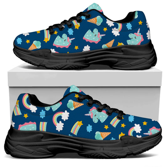Cute Girly Unicorn Pattern Print Black Chunky Shoes