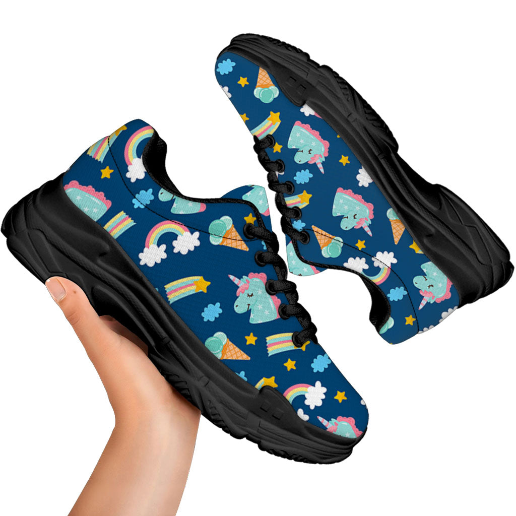 Cute Girly Unicorn Pattern Print Black Chunky Shoes