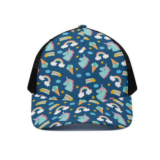 Cute Girly Unicorn Pattern Print Black Mesh Trucker Cap