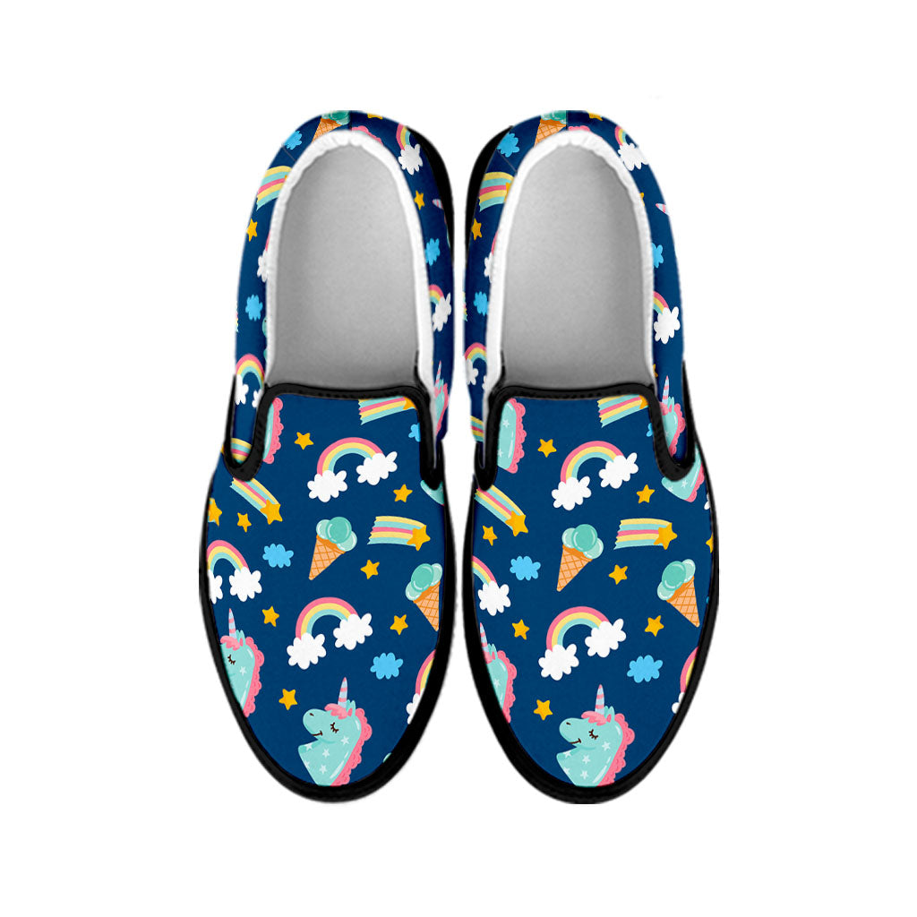 Cute Girly Unicorn Pattern Print Black Slip On Sneakers