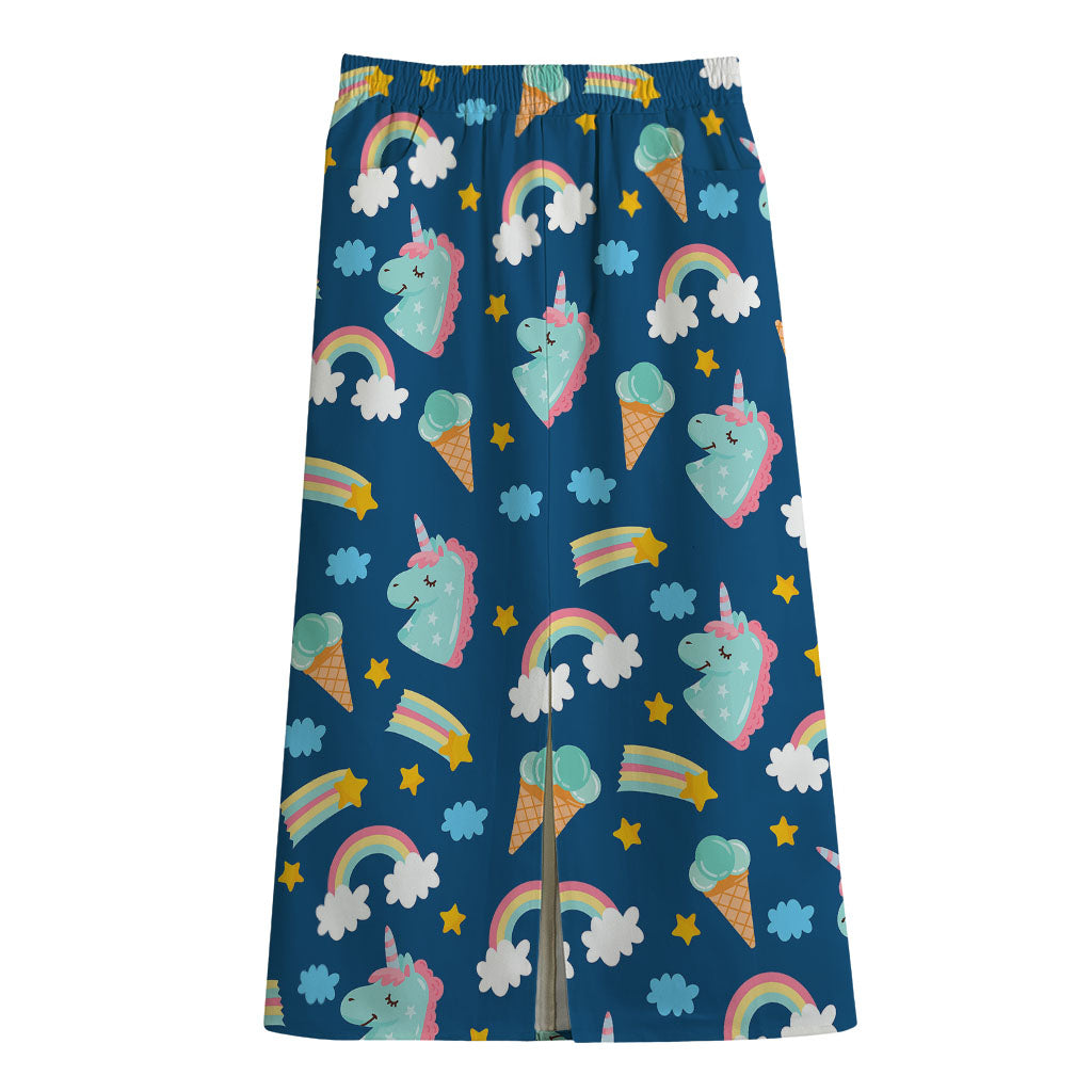 Cute Girly Unicorn Pattern Print Cotton Front Slit Maxi Skirt