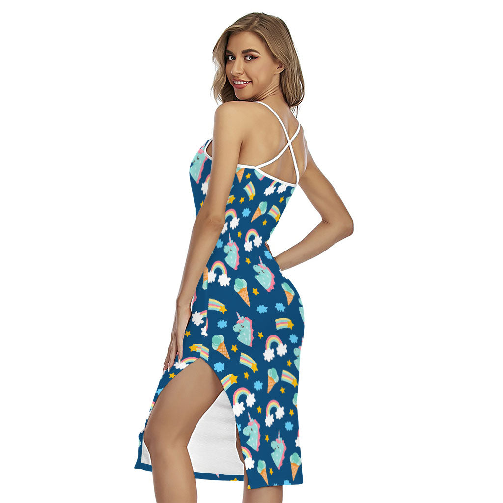 Cute Girly Unicorn Pattern Print Cross Back Cami Dress