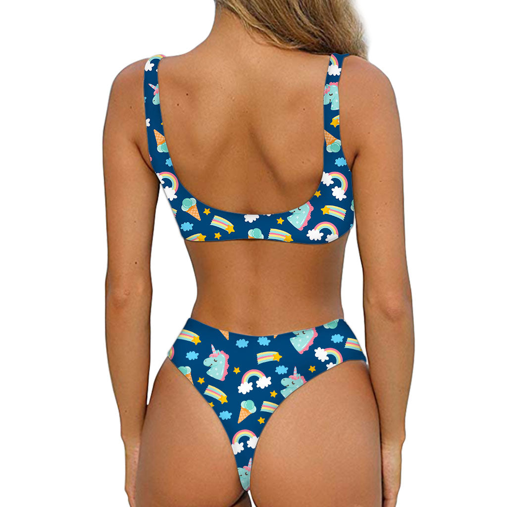 Cute Girly Unicorn Pattern Print Front Bow Tie Bikini