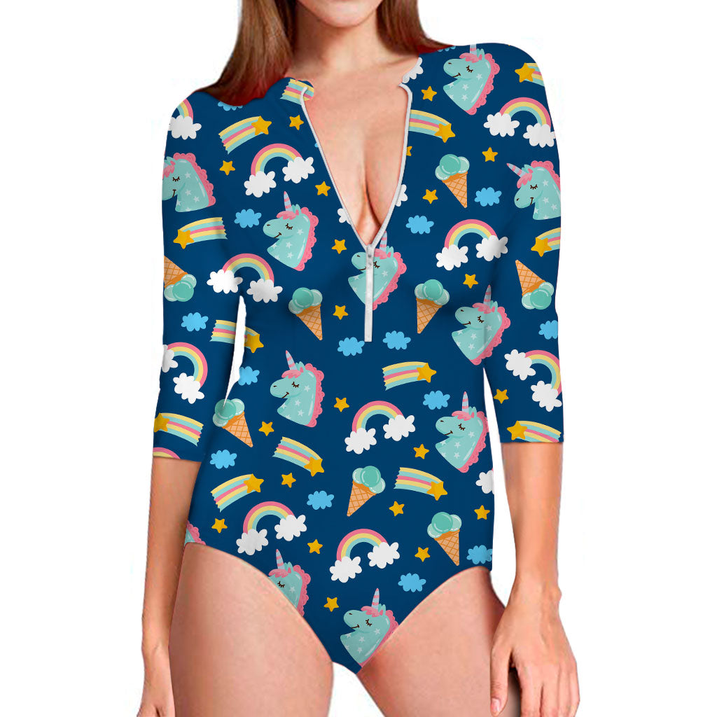 Cute Girly Unicorn Pattern Print Long Sleeve Swimsuit