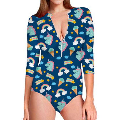 Cute Girly Unicorn Pattern Print Long Sleeve Swimsuit