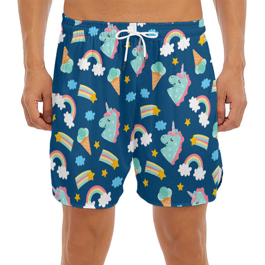 Cute Girly Unicorn Pattern Print Men's Split Running Shorts