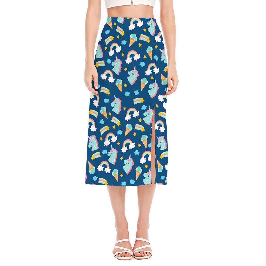 Cute Girly Unicorn Pattern Print Side Slit Midi Skirt