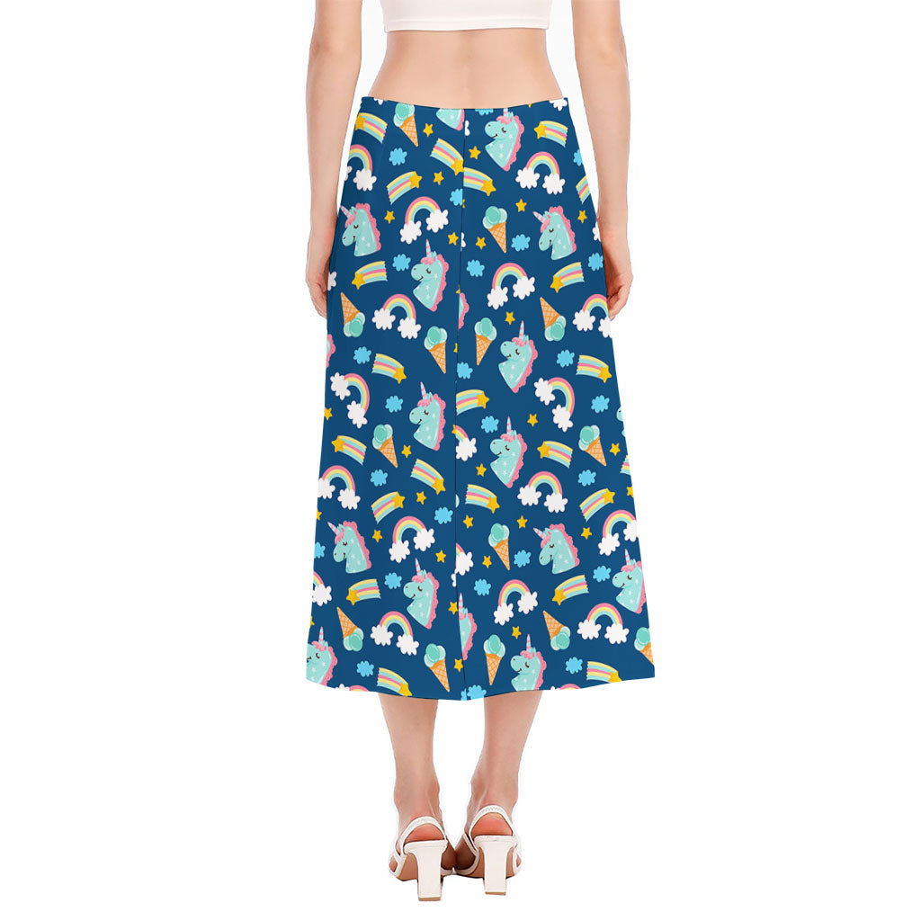 Cute Girly Unicorn Pattern Print Side Slit Midi Skirt
