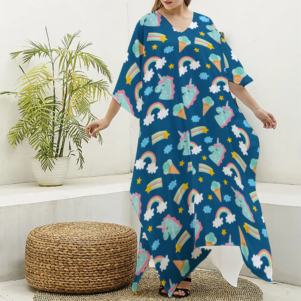 Cute Girly Unicorn Pattern Print Silk V-Neck Kaftan Dress