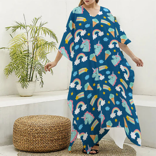 Cute Girly Unicorn Pattern Print Silk V-Neck Kaftan Dress