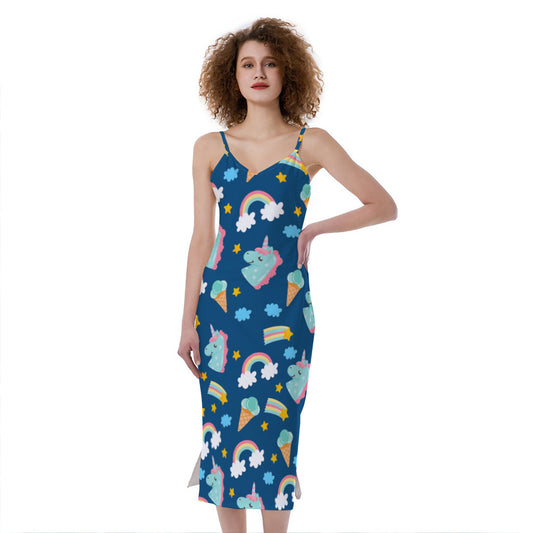 Cute Girly Unicorn Pattern Print Slim Fit Midi Cami Dress