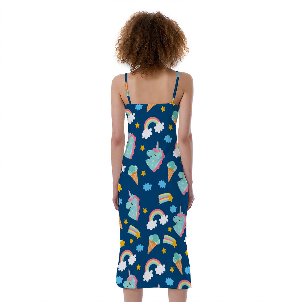 Cute Girly Unicorn Pattern Print Slim Fit Midi Cami Dress