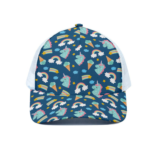 Cute Girly Unicorn Pattern Print White Mesh Trucker Cap