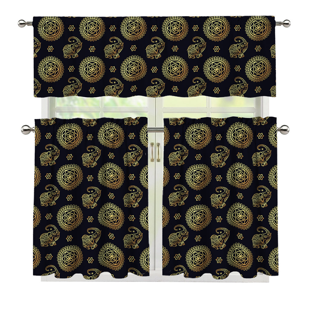 Cute Gold Boho Elephant Pattern Print 3 Piece Kitchen Curtains
