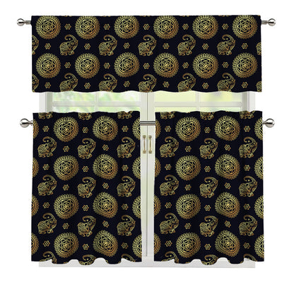 Cute Gold Boho Elephant Pattern Print 3 Piece Kitchen Curtains