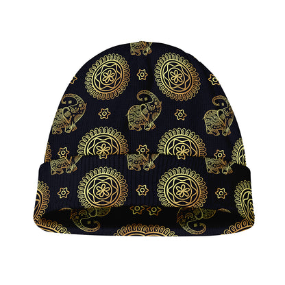 Cute Gold Boho Elephant Pattern Print Beanie