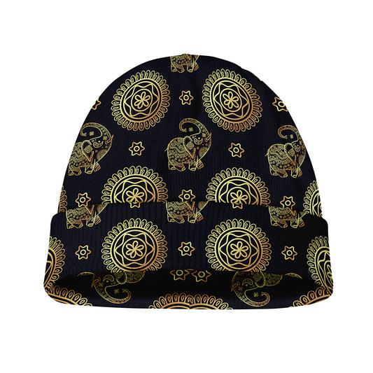 Cute Gold Boho Elephant Pattern Print Beanie