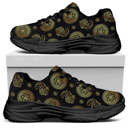 Cute Gold Boho Elephant Pattern Print Black Chunky Shoes