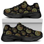 Cute Gold Boho Elephant Pattern Print Black Chunky Shoes