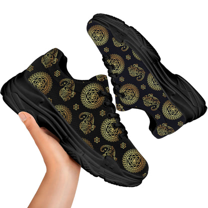 Cute Gold Boho Elephant Pattern Print Black Chunky Shoes