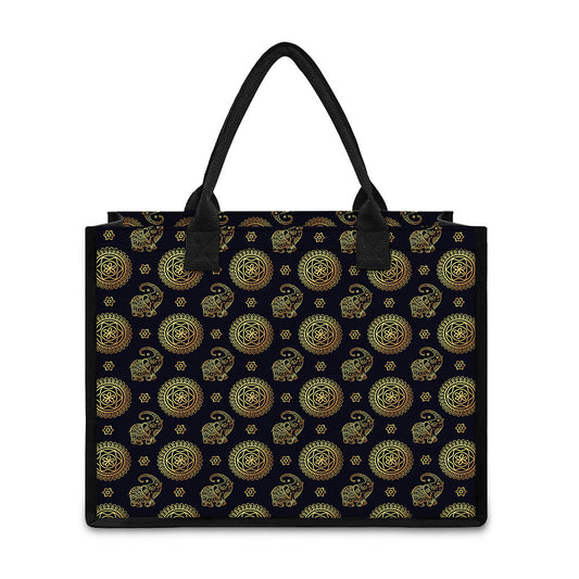 Cute Gold Boho Elephant Pattern Print Canvas Tote Bag