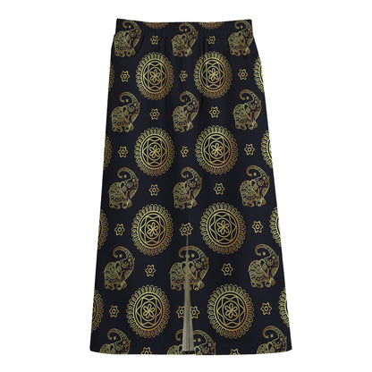 Cute Gold Boho Elephant Pattern Print Cotton Front Slit Maxi Skirt