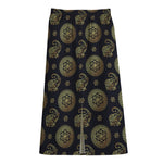 Cute Gold Boho Elephant Pattern Print Cotton Front Slit Maxi Skirt