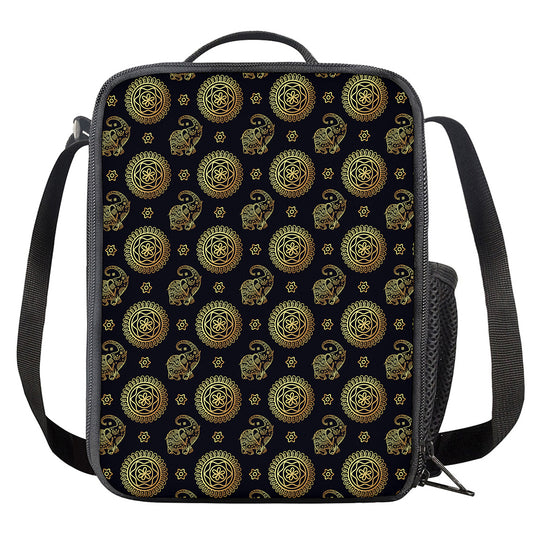 Cute Gold Boho Elephant Pattern Print Crossbody Lunch Bag