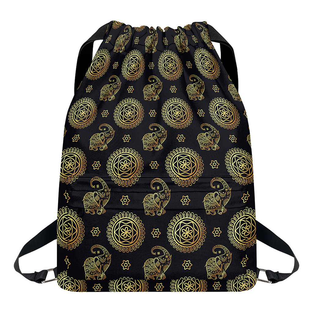 Cute Gold Boho Elephant Pattern Print Drawstring Backpack