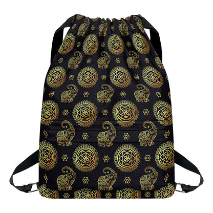 Cute Gold Boho Elephant Pattern Print Drawstring Backpack
