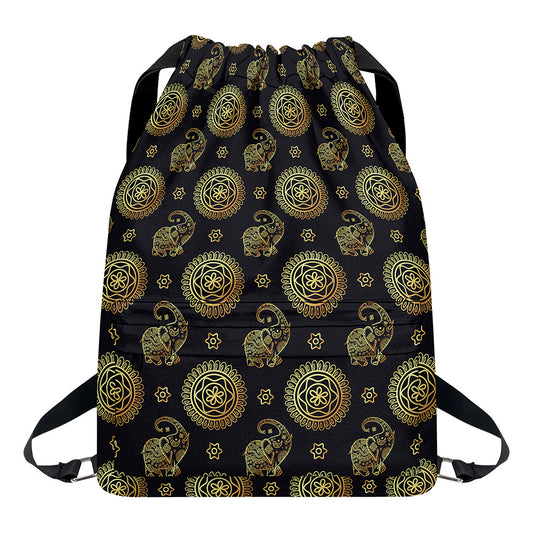 Cute Gold Boho Elephant Pattern Print Drawstring Backpack